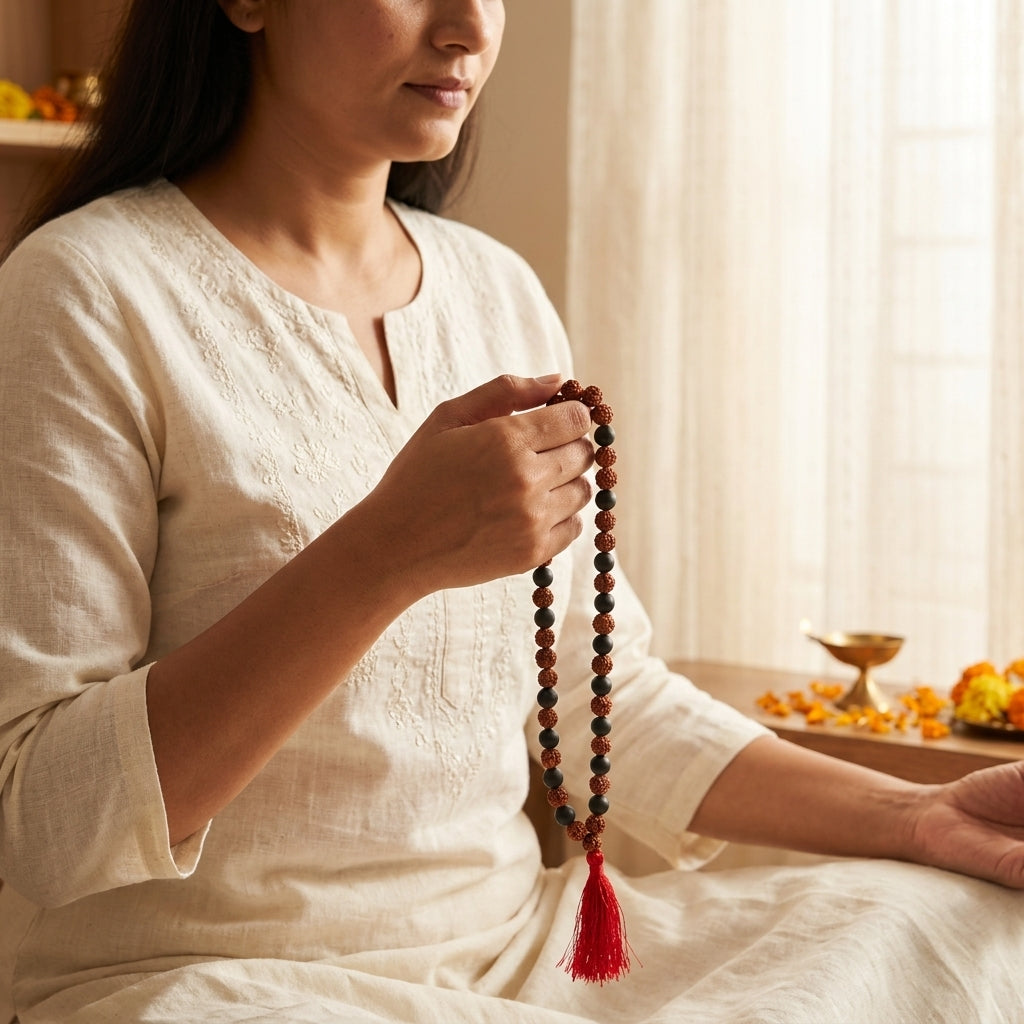 Authentic Karungali Rudraksha Mala 108 Beads – Elegant Sacred Bead Necklace for Men & Women