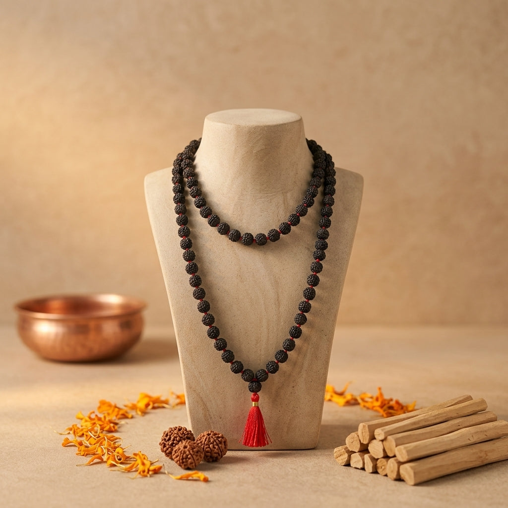 Natural 5 Mukhi Rudraksha Mala Black 7MM
