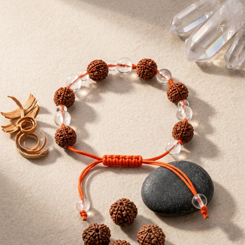 Authentic Five Mukhi Rudraksha Bracelet with Crystal Glass Beads 8MM