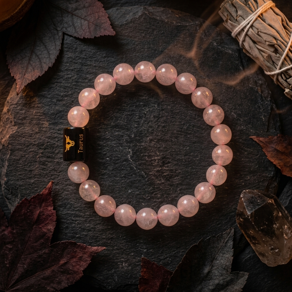Natural Rose Quartz Zodiac Bracelet - वृषभ राशि (Taurus)