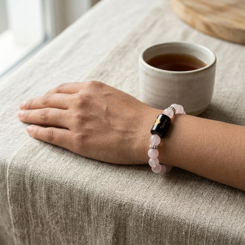 Natural Rose Quartz Zodiac Bracelet - वृषभ राशि (Taurus)