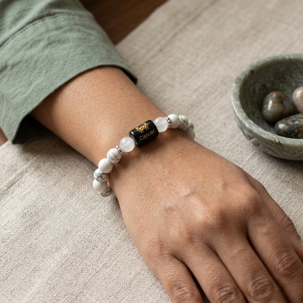 Natural Rock Crystal Howlite Zodiac Bracelet - कर्क राशि (Cancer)