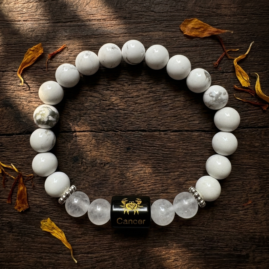 Natural Rock Crystal Howlite Zodiac Bracelet - कर्क राशि (Cancer)