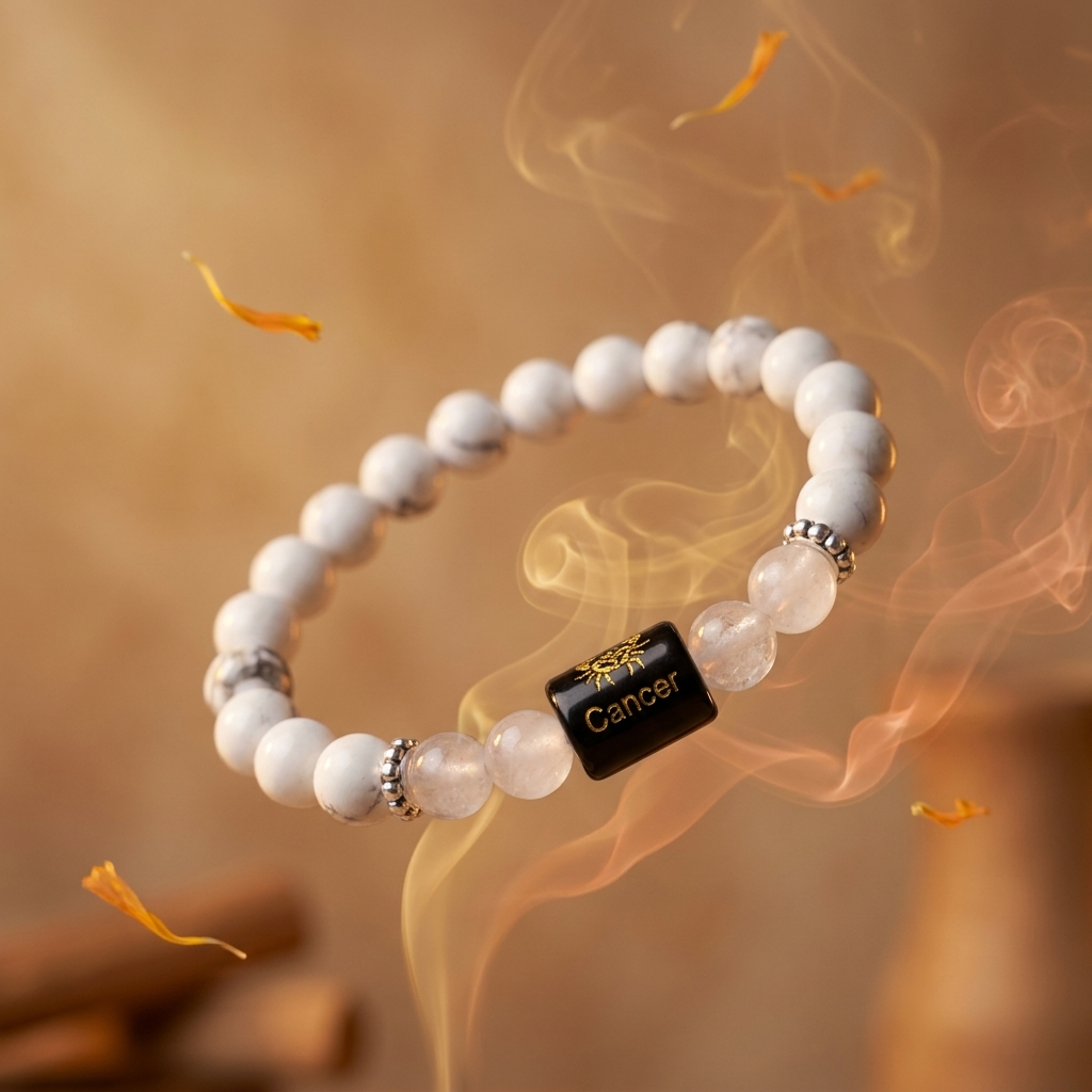Natural Rock Crystal Howlite Zodiac Bracelet - कर्क राशि (Cancer)