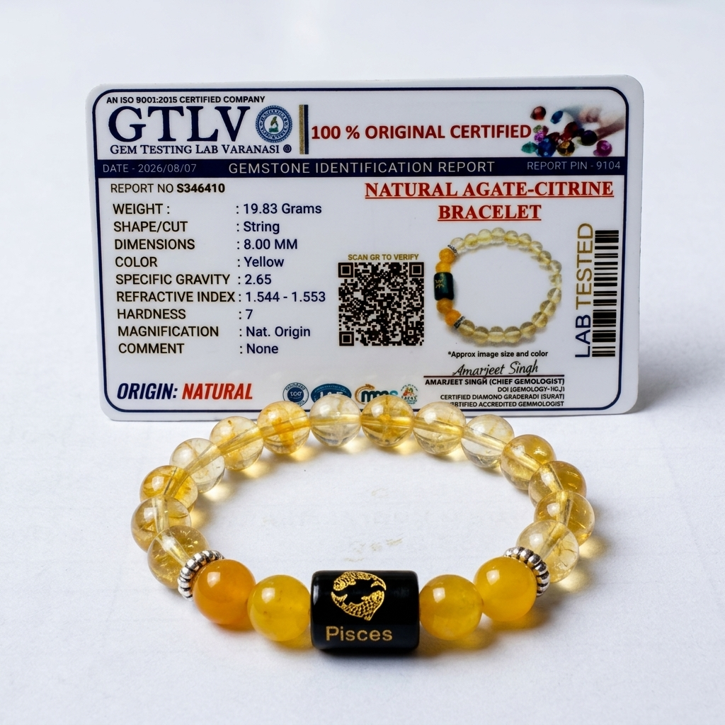 Natural Agate Citrine Zodiac Bracelet - मीन राशि (Pisces)