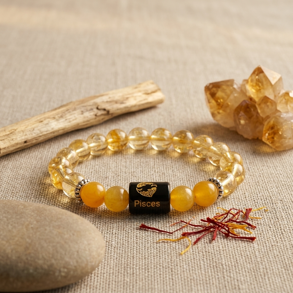 Natural Agate Citrine Zodiac Bracelet - मीन राशि (Pisces)