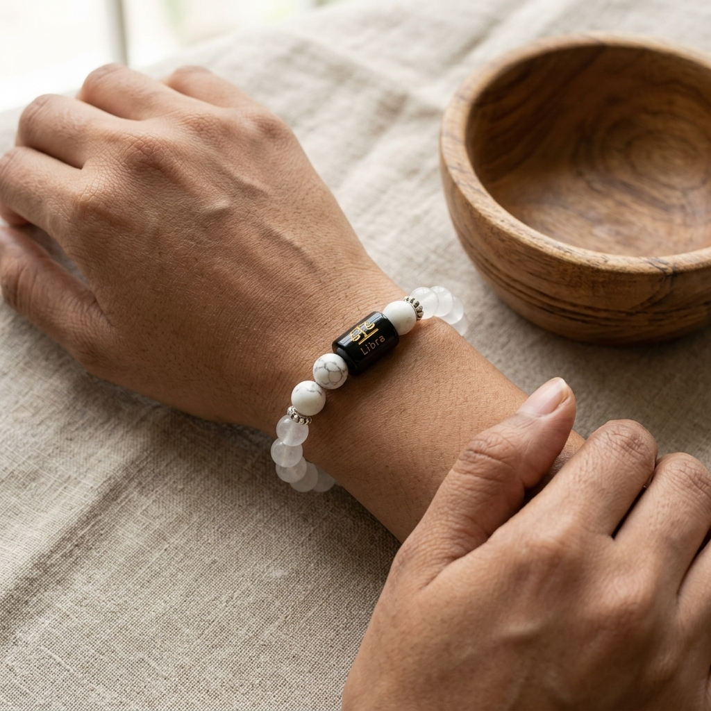 Natural Rock Crystal Howlite Zodiac Bracelet - तुला राशि (Libra)