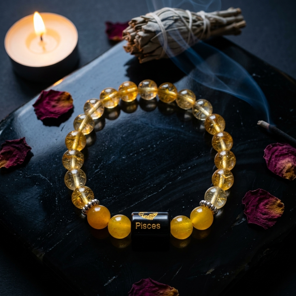 Natural Agate Citrine Zodiac Bracelet - मीन राशि (Pisces)