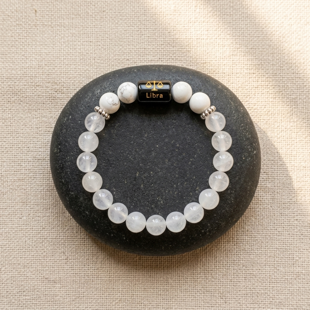 Natural Rock Crystal Howlite Zodiac Bracelet - तुला राशि (Libra)