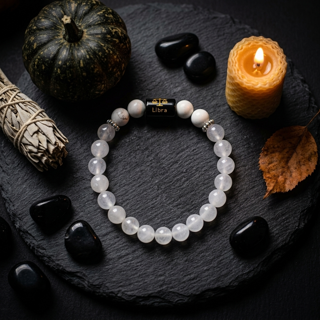 Natural Rock Crystal Howlite Zodiac Bracelet - तुला राशि (Libra)