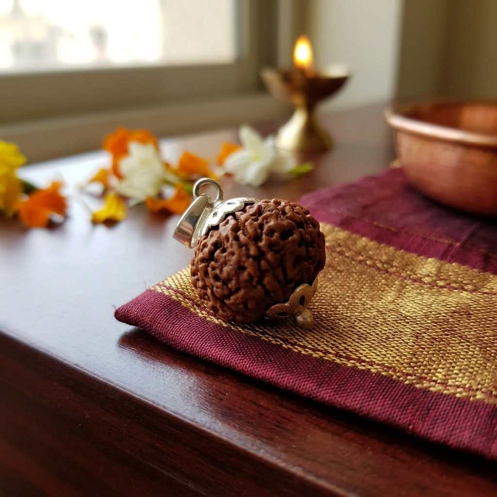 Natural 9 Mukhi Rudraksha with Silver Pendant & Golden Chain