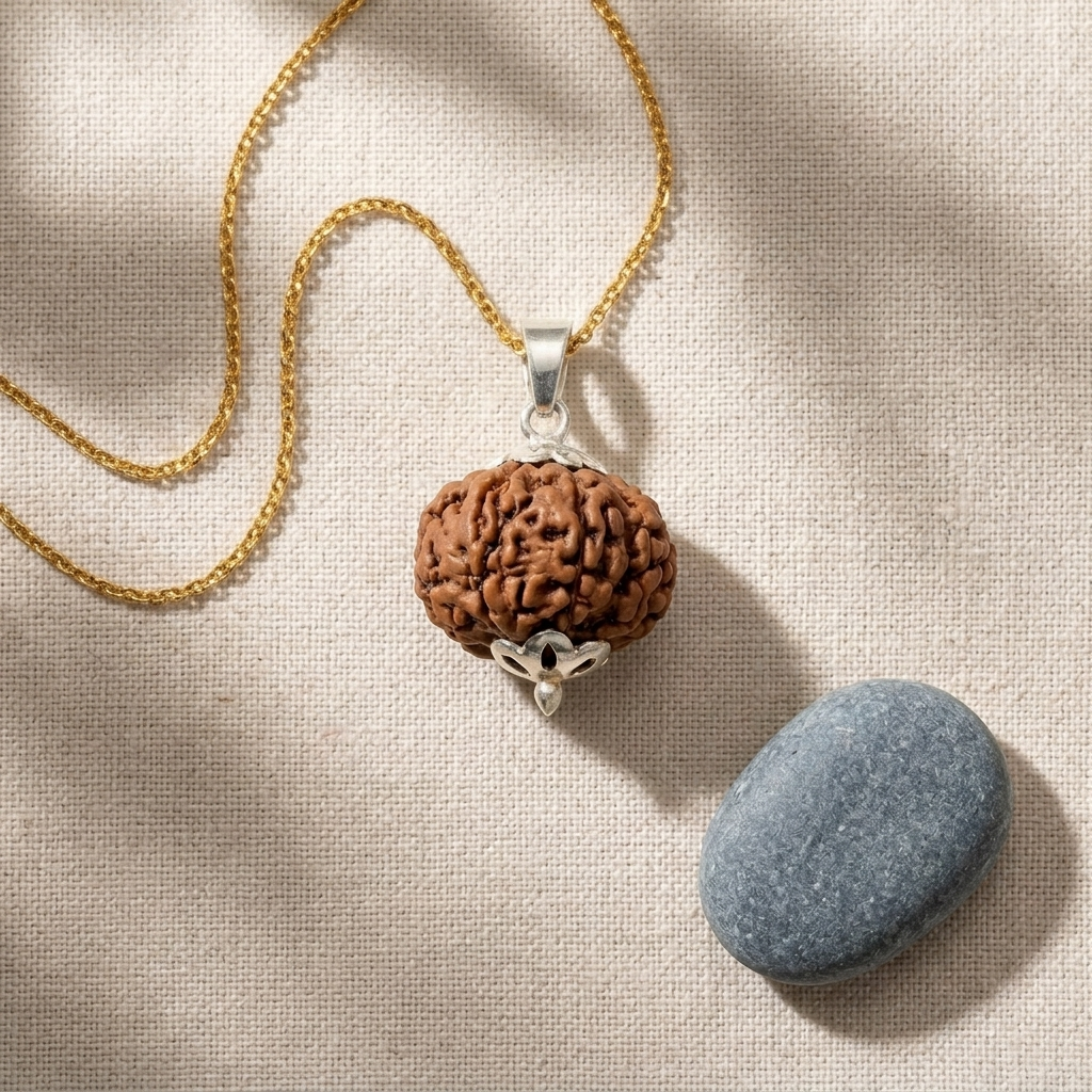Natural 9 Mukhi Rudraksha with Silver Pendant & Golden Chain
