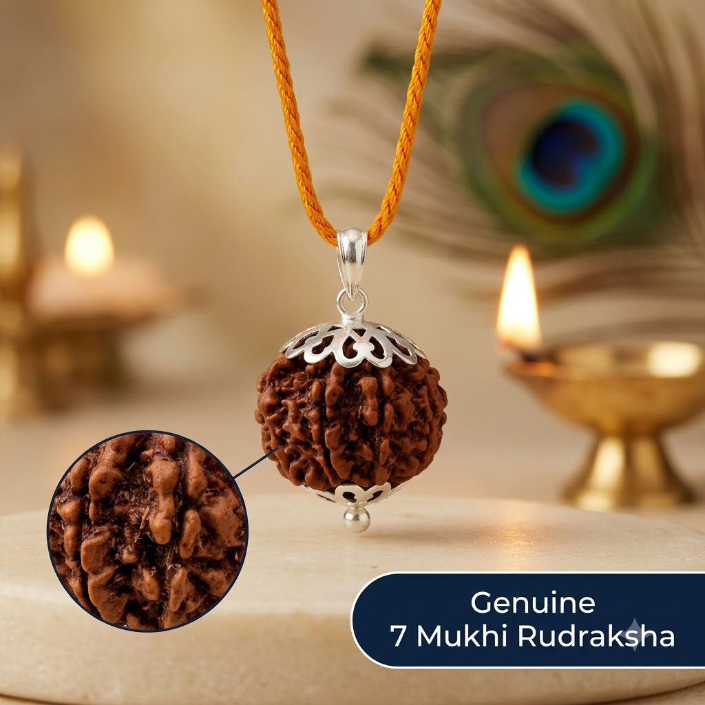 Nepali 7 Mukhi Rudraksha Pendant with Silver Cap & Golden Chain
