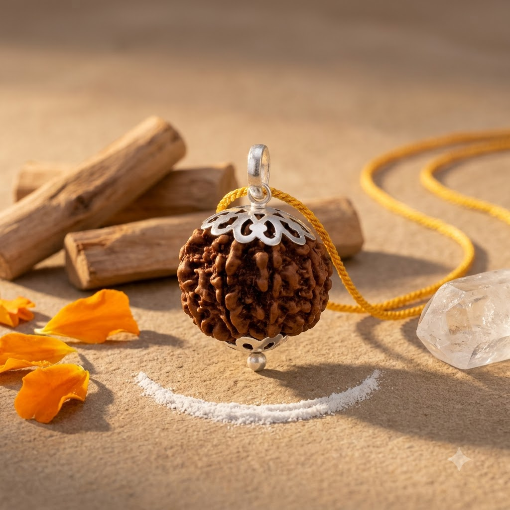 Nepali 7 Mukhi Rudraksha Pendant with Silver Cap & Golden Chain