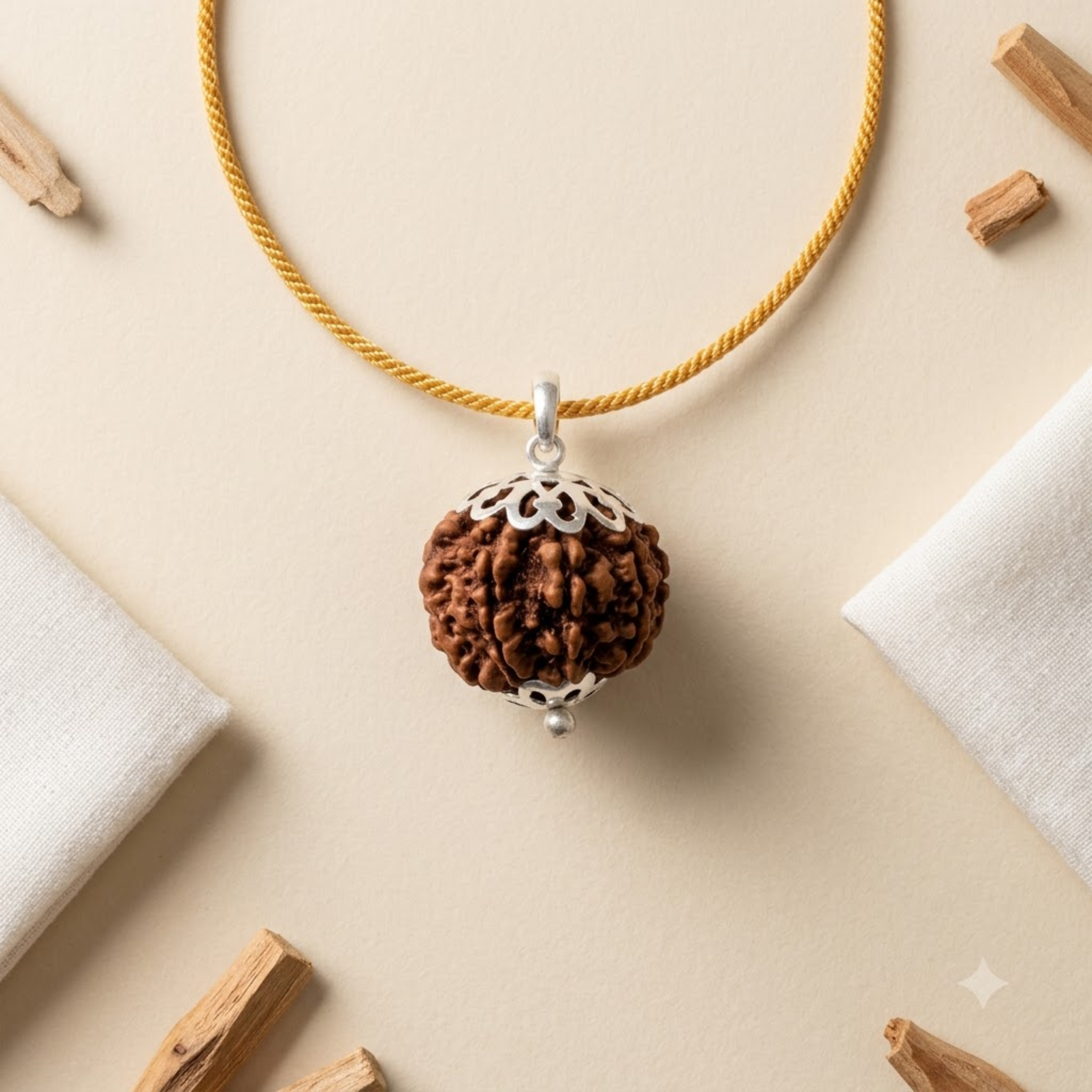 Nepali 7 Mukhi Rudraksha Pendant with Silver Cap & Golden Chain